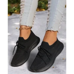 Women's Gray Lightweight Knit Lace-Up Sneakers – Breathable Athletic Shoes for Running, Walking and Everyday Comfort