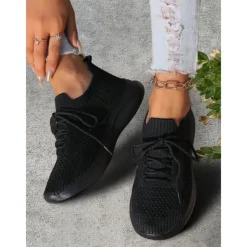 Women's Gray Lightweight Knit Lace-Up Sneakers – Breathable Athletic Shoes for Running, Walking and Everyday Comfort