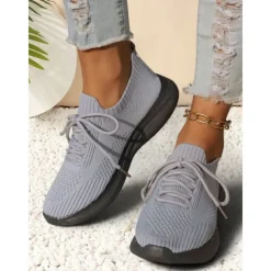 Women's Gray Lightweight Knit Lace-Up Sneakers – Breathable Athletic Shoes for Running, Walking and Everyday Comfort