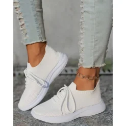 Women's Gray Lightweight Knit Lace-Up Sneakers – Breathable Athletic Shoes for Running, Walking and Everyday Comfort