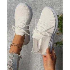 Women's Gray Lightweight Knit Lace-Up Sneakers – Breathable Athletic Shoes for Running, Walking and Everyday Comfort