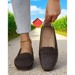 Women's Gray Moccasin Driving Flats – Soft Foldable Shoes with Anti-Slip Sole for Road Trips, Driving and Daily Errands