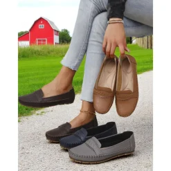 Women's Gray Moccasin Driving Flats – Soft Foldable Shoes with Anti-Slip Sole for Road Trips, Driving and Daily Errands