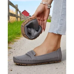 Women's Gray Moccasin Driving Flats – Soft Foldable Shoes with Anti-Slip Sole for Road Trips, Driving and Daily Errands