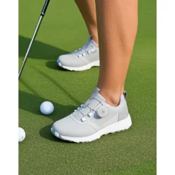 Women's Gray Waterproof Golf Shoes with Dial Lacing System – Comfortable Non-Slip Athletic Footwear for Outdoor Practice, Tournaments or Rainy Days