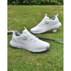 Women's Gray Waterproof Golf Shoes with Dial Lacing System – Comfortable Non-Slip Athletic Footwear for Outdoor Practice, Tournaments or Rainy Days