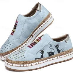 Women's Green Cat Print Slip-On Casual Sneakers – Breathable Loafers with Elastic Panel for Walking, Travel & Everyday Wear