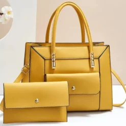 Women's Green Faux Leather Handbag and Wallet Set – Elegant Structured Tote with Gold Accents for Office, Shopping, and Casual Outings