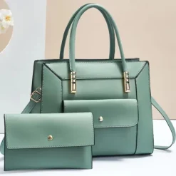 Women's Green Faux Leather Handbag and Wallet Set – Elegant Structured Tote with Gold Accents for Office, Shopping, and Casual Outings