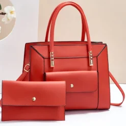 Women's Green Faux Leather Handbag and Wallet Set – Elegant Structured Tote with Gold Accents for Office, Shopping, and Casual Outings