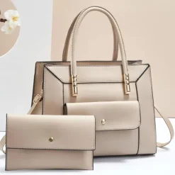 Women's Green Faux Leather Handbag and Wallet Set – Elegant Structured Tote with Gold Accents for Office, Shopping, and Casual Outings