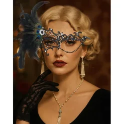 Women's Green Feather Lace Masquerade Mask with Peacock Details and Rhinestone Accents, Vintage Gothic Costume Accessory for Halloween Party