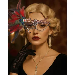 Women's Green Feather Lace Masquerade Mask with Peacock Details and Rhinestone Accents, Vintage Gothic Costume Accessory for Halloween Party