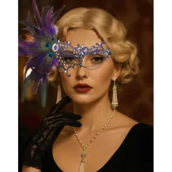 Women's Green Feather Lace Masquerade Mask with Peacock Details and Rhinestone Accents, Vintage Gothic Costume Accessory for Halloween Party