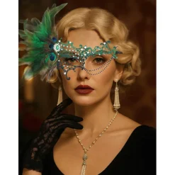 Women's Green Feather Lace Masquerade Mask with Peacock Details and Rhinestone Accents, Vintage Gothic Costume Accessory for Halloween Party