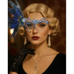 Women's Green Feather Lace Masquerade Mask with Peacock Details and Rhinestone Accents, Vintage Gothic Costume Accessory for Halloween Party