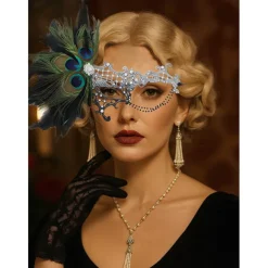 Women's Green Feather Lace Masquerade Mask with Peacock Details and Rhinestone Accents, Vintage Gothic Costume Accessory for Halloween Party