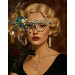 Women's Green Feather Lace Masquerade Mask with Peacock Details and Rhinestone Accents, Vintage Gothic Costume Accessory for Halloween Party