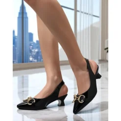 Women's Green Glossy Slingback Kitten Heels with Buckle Detail – Elegant Pointed Toe Pumps, Perfect for Office Attire, Conference Looks, Cocktail Events & Summer Work Outfits