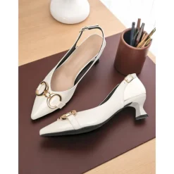 Women's Green Glossy Slingback Kitten Heels with Buckle Detail – Elegant Pointed Toe Pumps, Perfect for Office Attire, Conference Looks, Cocktail Events & Summer Work Outfits