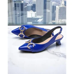 Women's Green Glossy Slingback Kitten Heels with Buckle Detail – Elegant Pointed Toe Pumps, Perfect for Office Attire, Conference Looks, Cocktail Events & Summer Work Outfits