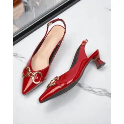 Women's Green Glossy Slingback Kitten Heels with Buckle Detail – Elegant Pointed Toe Pumps, Perfect for Office Attire, Conference Looks, Cocktail Events & Summer Work Outfits