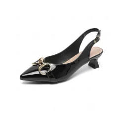Women's Green Glossy Slingback Kitten Heels with Buckle Detail – Elegant Pointed Toe Pumps, Perfect for Office Attire, Conference Looks, Cocktail Events & Summer Work Outfits