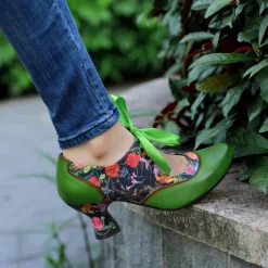 Women's Green Leather Mary Jane Heels with Floral Print, Ribbon Ties, and Retro Style - Perfect for Vintage-Themed Events and Daily Elegance
