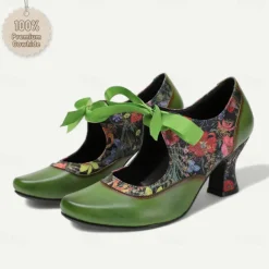 Women's Green Leather Mary Jane Heels with Floral Print, Ribbon Ties, and Retro Style - Perfect for Vintage-Themed Events and Daily Elegance