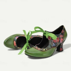 Women's Green Leather Mary Jane Heels with Floral Print, Ribbon Ties, and Retro Style - Perfect for Vintage-Themed Events and Daily Elegance