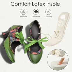 Women's Green Leather Mary Jane Heels with Floral Print, Ribbon Ties, and Retro Style - Perfect for Vintage-Themed Events and Daily Elegance