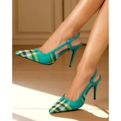 Women's Green Plaid Slingback Stiletto Heels – Retro Tartan Pointed Toe High Heels for Spring Parties, Afternoon Teas, and Vintage-Inspired Looks