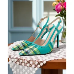 Women's Green Plaid Slingback Stiletto Heels – Retro Tartan Pointed Toe High Heels for Spring Parties, Afternoon Teas, and Vintage-Inspired Looks