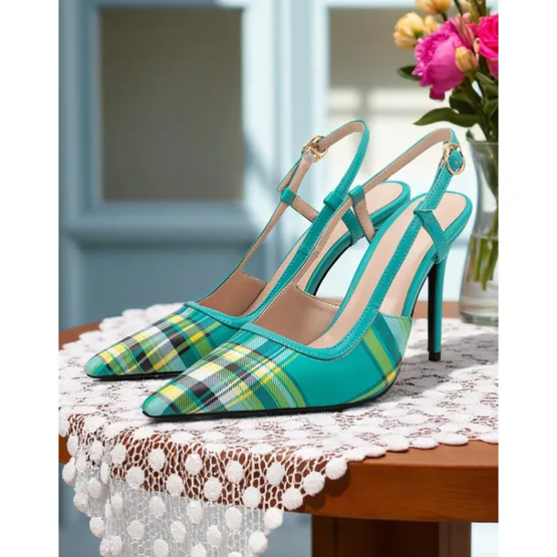 Women's Green Plaid Slingback Stiletto Heels – Retro Tartan Pointed Toe High Heels for Spring Parties, Afternoon Teas, and Vintage-Inspired Looks