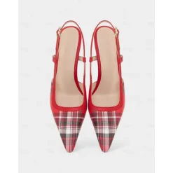 Women's Green Plaid Slingback Stiletto Heels – Retro Tartan Pointed Toe High Heels for Spring Parties, Afternoon Teas, and Vintage-Inspired Looks