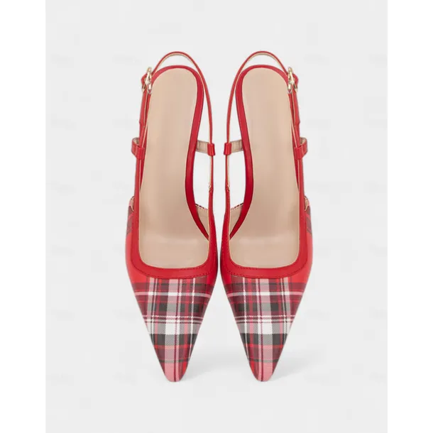 Women's Green Plaid Slingback Stiletto Heels – Retro Tartan Pointed Toe High Heels for Spring Parties, Afternoon Teas, and Vintage-Inspired Looks