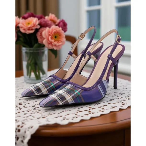 Women's Green Plaid Slingback Stiletto Heels – Retro Tartan Pointed Toe High Heels for Spring Parties, Afternoon Teas, and Vintage-Inspired Looks