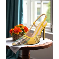 Women's Green Plaid Slingback Stiletto Heels – Retro Tartan Pointed Toe High Heels for Spring Parties, Afternoon Teas, and Vintage-Inspired Looks