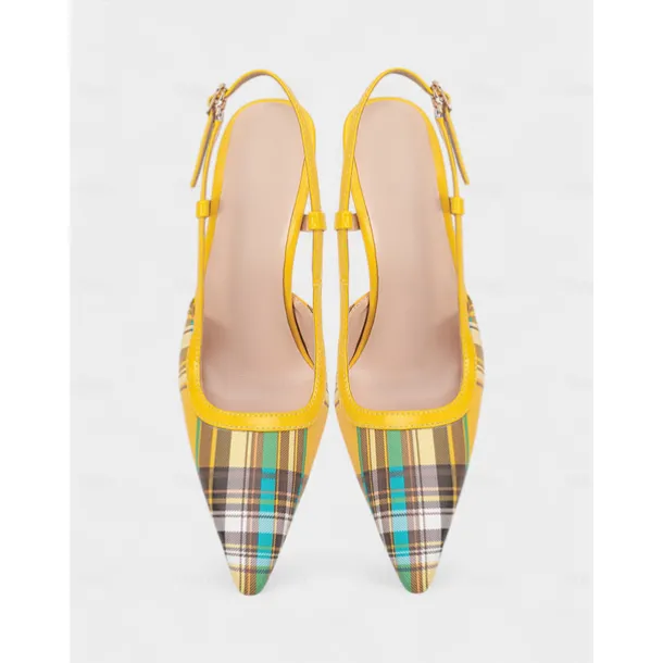 Women's Green Plaid Slingback Stiletto Heels – Retro Tartan Pointed Toe High Heels for Spring Parties, Afternoon Teas, and Vintage-Inspired Looks