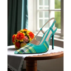 Women's Green Plaid Slingback Stiletto Heels – Retro Tartan Pointed Toe High Heels for Spring Parties, Afternoon Teas, and Vintage-Inspired Looks
