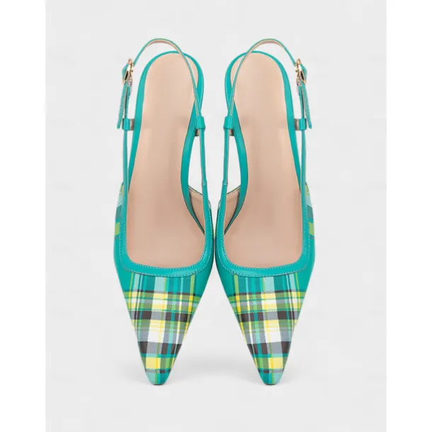 Women's Green Plaid Slingback Stiletto Heels – Retro Tartan Pointed Toe High Heels for Spring Parties, Afternoon Teas, and Vintage-Inspired Looks