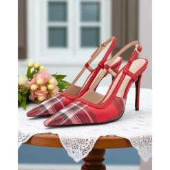 Women's Green Plaid Slingback Stiletto Heels – Retro Tartan Pointed Toe High Heels for Spring Parties, Afternoon Teas, and Vintage-Inspired Looks