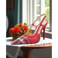 Women's Green Plaid Slingback Stiletto Heels – Retro Tartan Pointed Toe High Heels for Spring Parties, Afternoon Teas, and Vintage-Inspired Looks