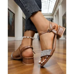 Women's Green Rhinestone Low Block Heel Sandals - Elegant Open-Toe Ankle Strap Shoes for Daily Dates and Summer Outings