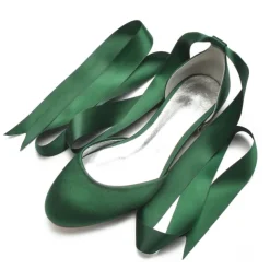 Women's Green Satin Ballet Flats with Long Ribbon Ties, Elegant and Comfortable Shoes for Weddings and Special Occasions