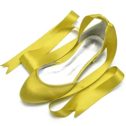 Women's Green Satin Ballet Flats with Long Ribbon Ties, Elegant and Comfortable Shoes for Weddings and Special Occasions