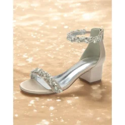Women's Green Satin Wedding Sandals – Rhinestone Ankle Strap Block Heel Open Toe Bridal Shoes for Evening & Prom