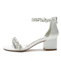 Women's Green Satin Wedding Sandals – Rhinestone Ankle Strap Block Heel Open Toe Bridal Shoes for Evening & Prom