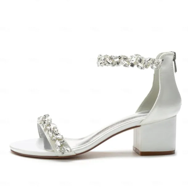 Women's Green Satin Wedding Sandals – Rhinestone Ankle Strap Block Heel Open Toe Bridal Shoes for Evening & Prom