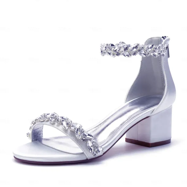 Women's Green Satin Wedding Sandals – Rhinestone Ankle Strap Block Heel Open Toe Bridal Shoes for Evening & Prom